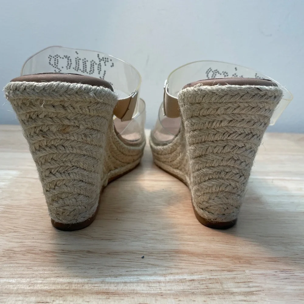 Juicy Couture‎ Cristene Clear Rhinestone Logo Espadrille Wedge Sandals Tan 9.5